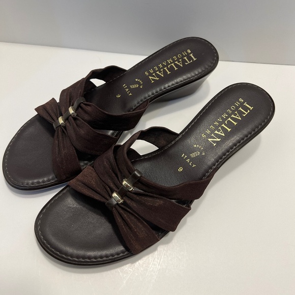 Italian Shoemakers Slip On Wedge Sandals Size 9 Brown/Gold Made in Italy - Picture 2 of 7